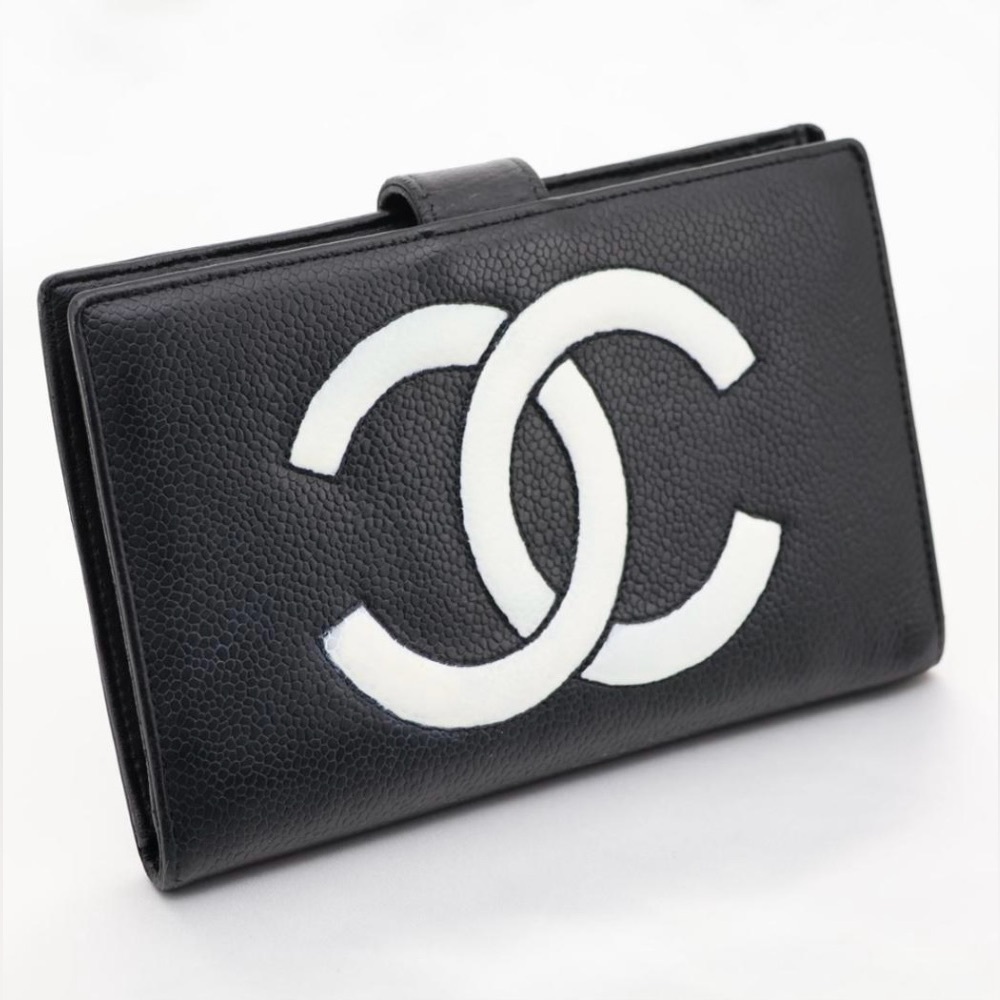 CHANEL Black and White CC Logo Leather Wallet